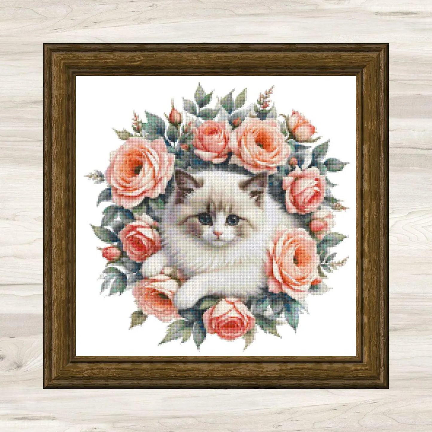 Persian Cat and Pink Roses Cross Stitch Pattern PDF – Floral Feline Embroidery Chart – Romantic Cat Lover Design