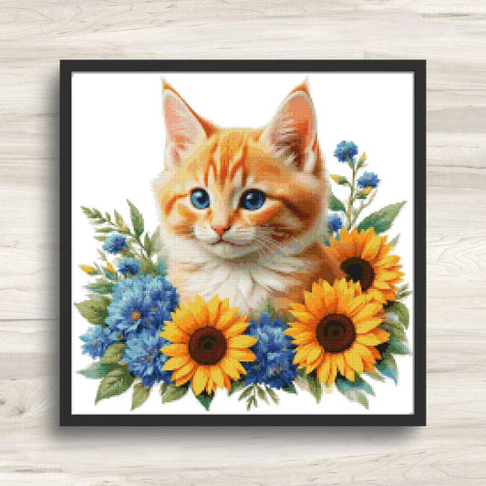 Tiger Cat and Sunflowers Cross Stitch Pattern PDF – Floral Feline Embroidery Chart – Romantic Cat Lover Needlepoint Design
