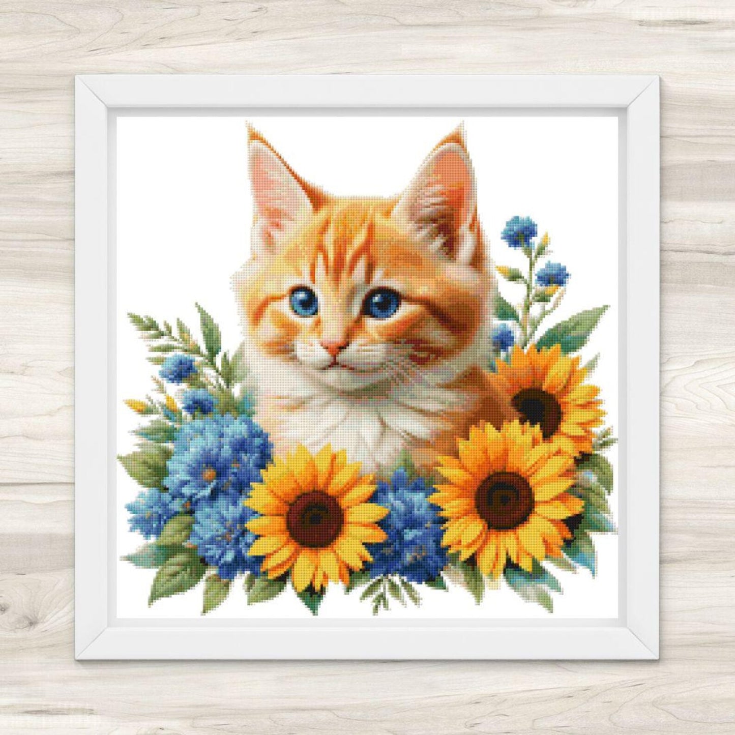 Tiger Cat and Sunflowers Cross Stitch Pattern PDF – Floral Feline Embroidery Chart – Romantic Cat Lover Needlepoint Design