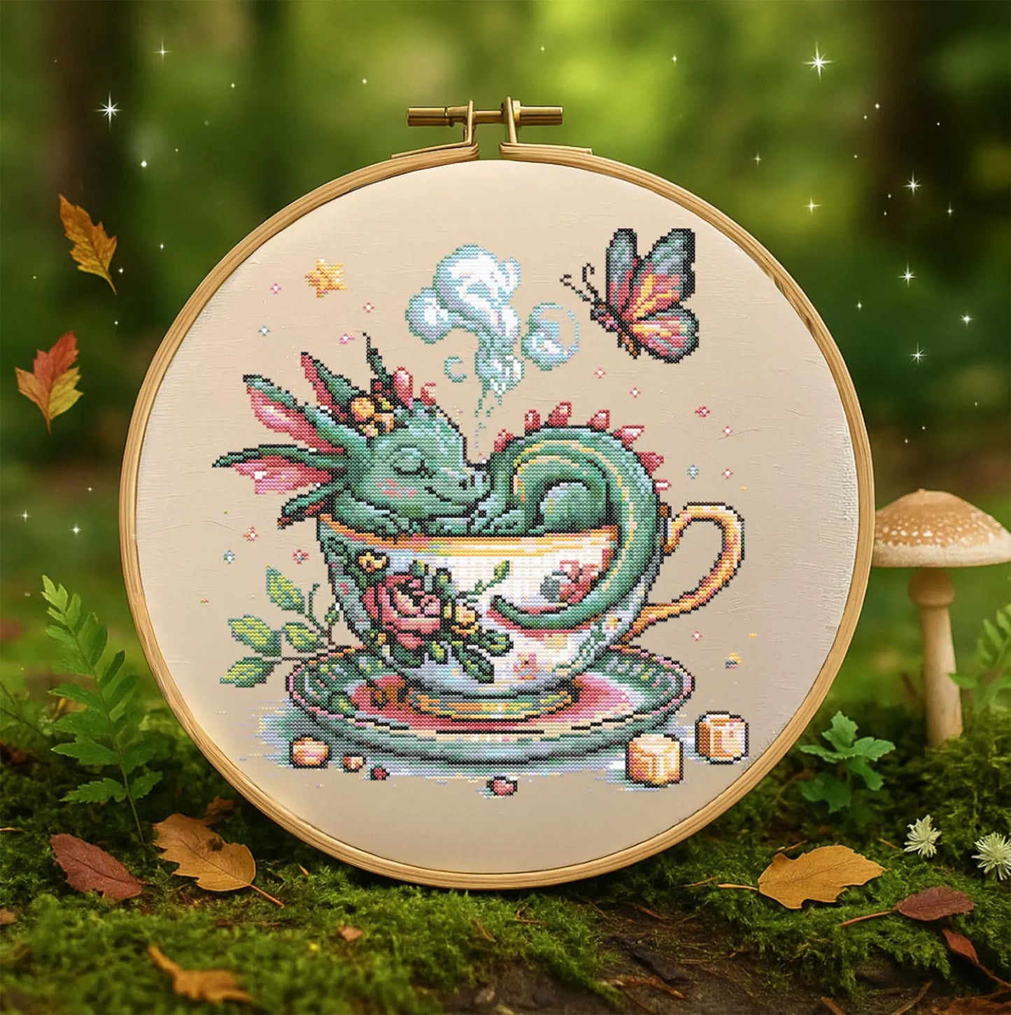 Whimsical Dragon in Teacup Cross Stitch Pattern Fantasy Floral Dragon Embroidery Design Mythical Cute Baby Dragon Sleeping Cross Stitch PDF