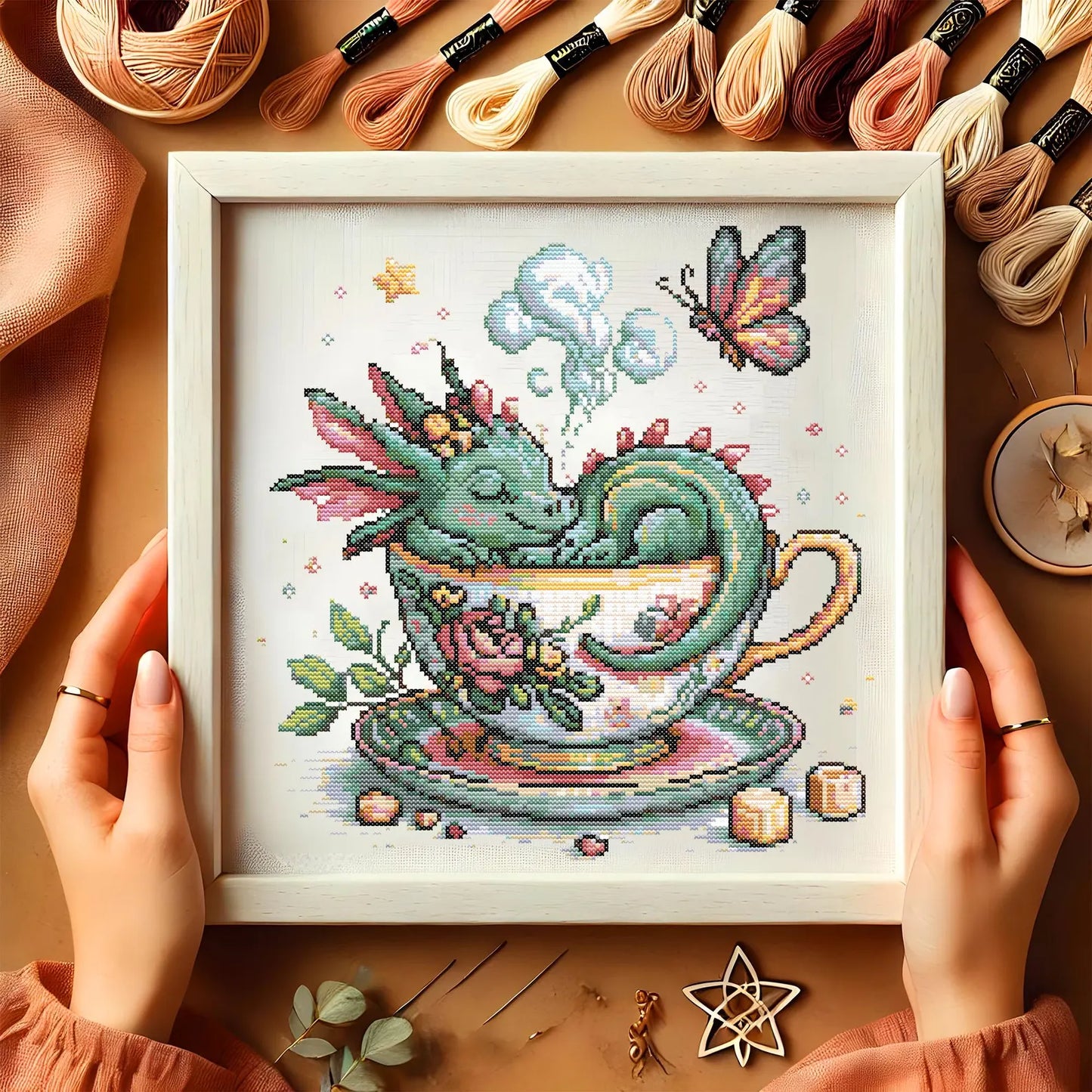 Whimsical Dragon in Teacup Cross Stitch Pattern Fantasy Floral Dragon Embroidery Design Mythical Cute Baby Dragon Sleeping Cross Stitch PDF