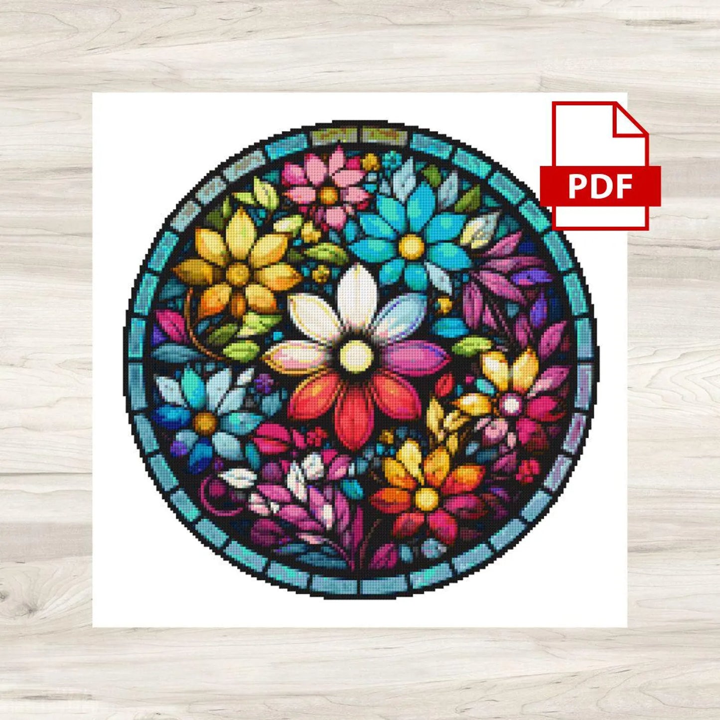 Round Stained Glass Flowers 2 Cross Stitch Pattern PDF – Floral Mandala Embroidery Chart – Colorful Modern DIY Needlepoint Design