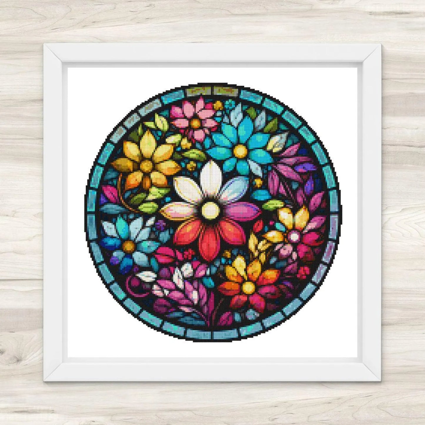 Round Stained Glass Flowers 2 Cross Stitch Pattern PDF – Floral Mandala Embroidery Chart – Colorful Modern DIY Needlepoint Design