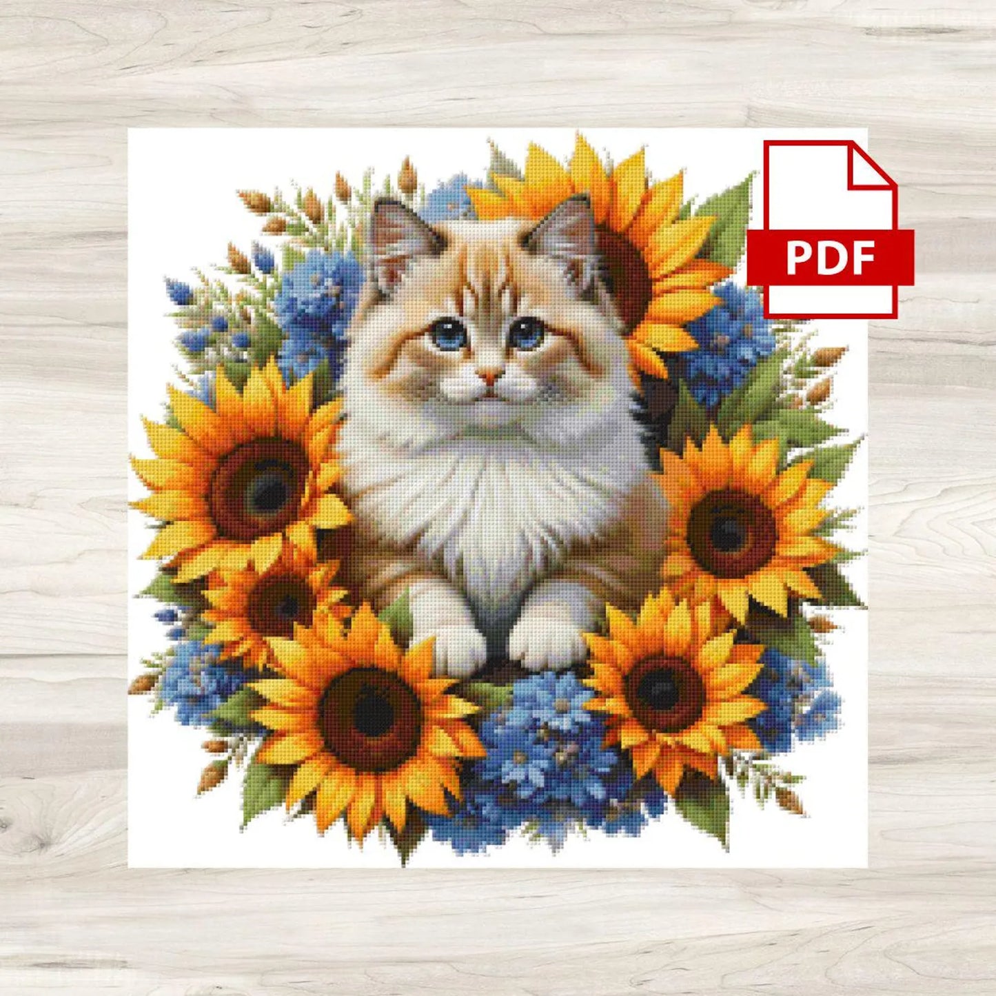 Fluffy Cat and Sunflowers Cross Stitch Pattern PDF – Floral Feline Embroidery Chart – Romantic Cat Lover Needlepoint Design