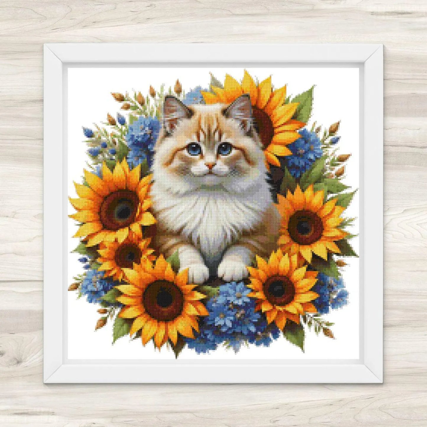 Fluffy Cat and Sunflowers Cross Stitch Pattern PDF – Floral Feline Embroidery Chart – Romantic Cat Lover Needlepoint Design