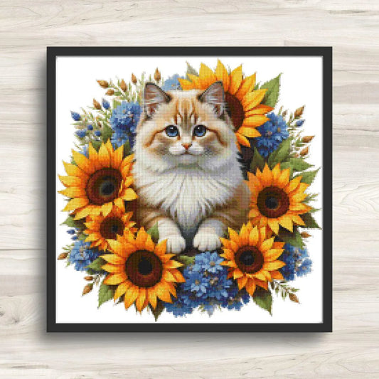Fluffy Cat and Sunflowers Cross Stitch Pattern PDF – Floral Feline Embroidery Chart – Romantic Cat Lover Needlepoint Design