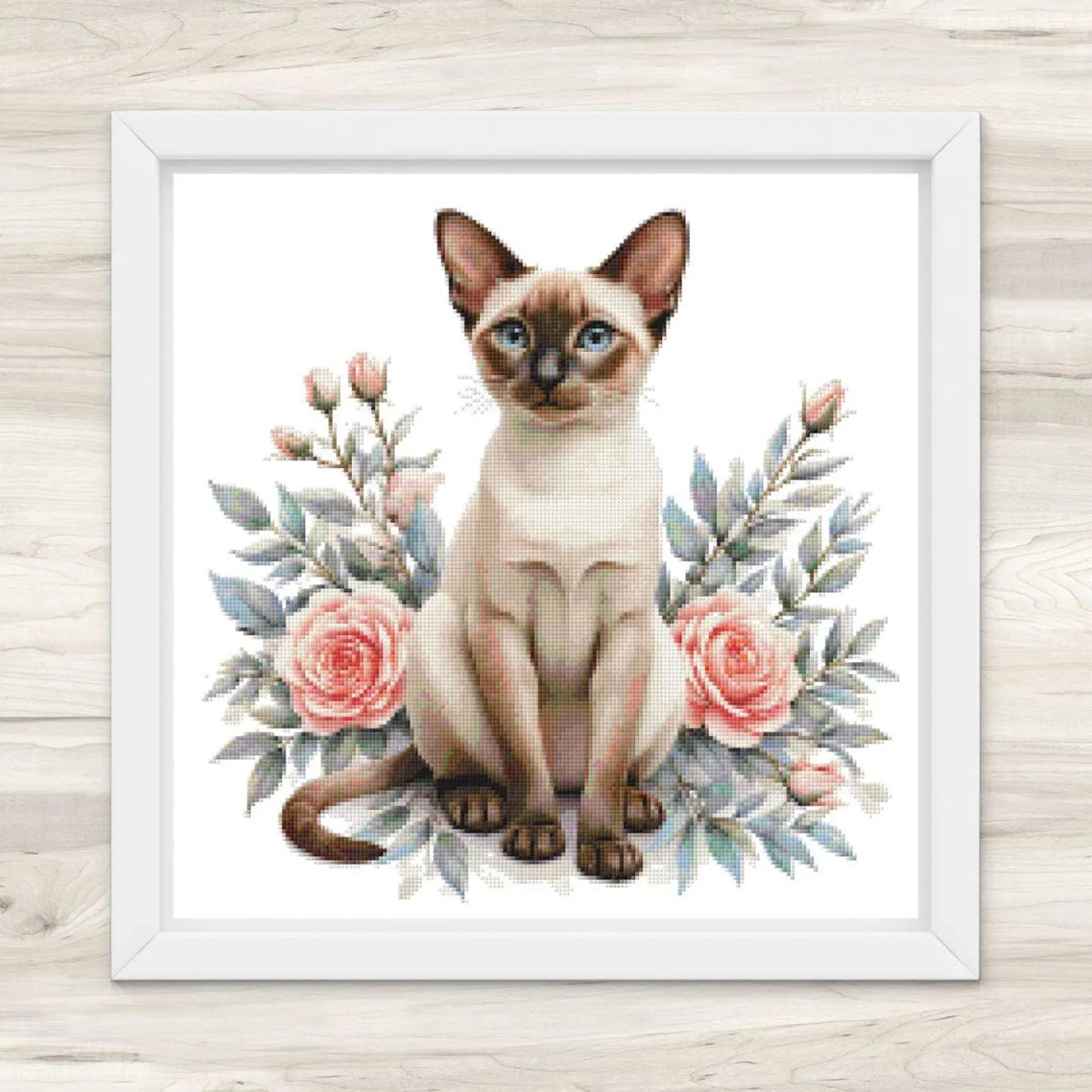 Siamese Cat and Pink Roses Cross Stitch Pattern PDF – Floral Feline Embroidery Chart – Romantic Cat Lover Needlepoint Design