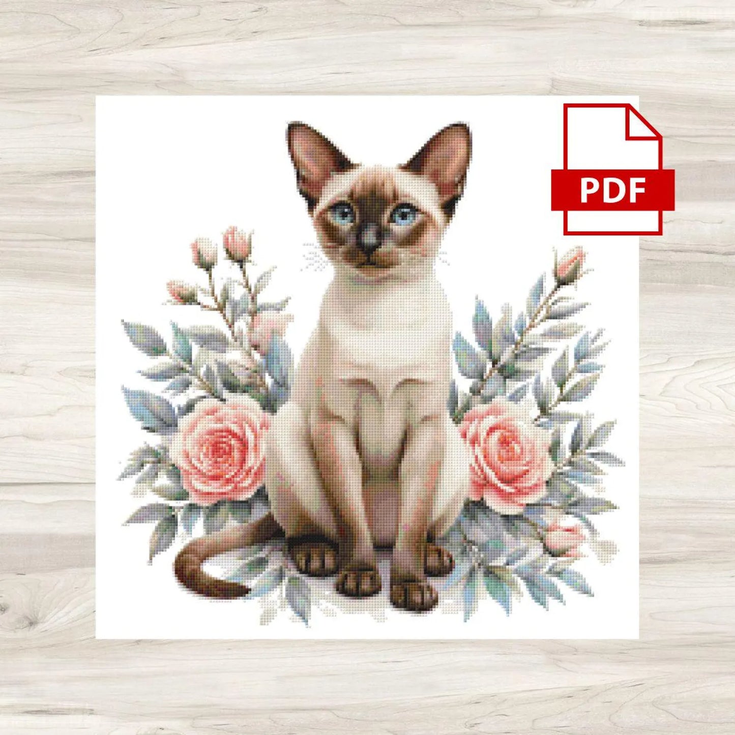 Siamese Cat and Pink Roses Cross Stitch Pattern PDF – Floral Feline Embroidery Chart – Romantic Cat Lover Needlepoint Design