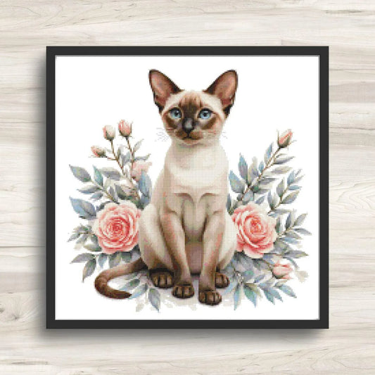 Siamese Cat and Pink Roses Cross Stitch Pattern PDF – Floral Feline Embroidery Chart – Romantic Cat Lover Needlepoint Design