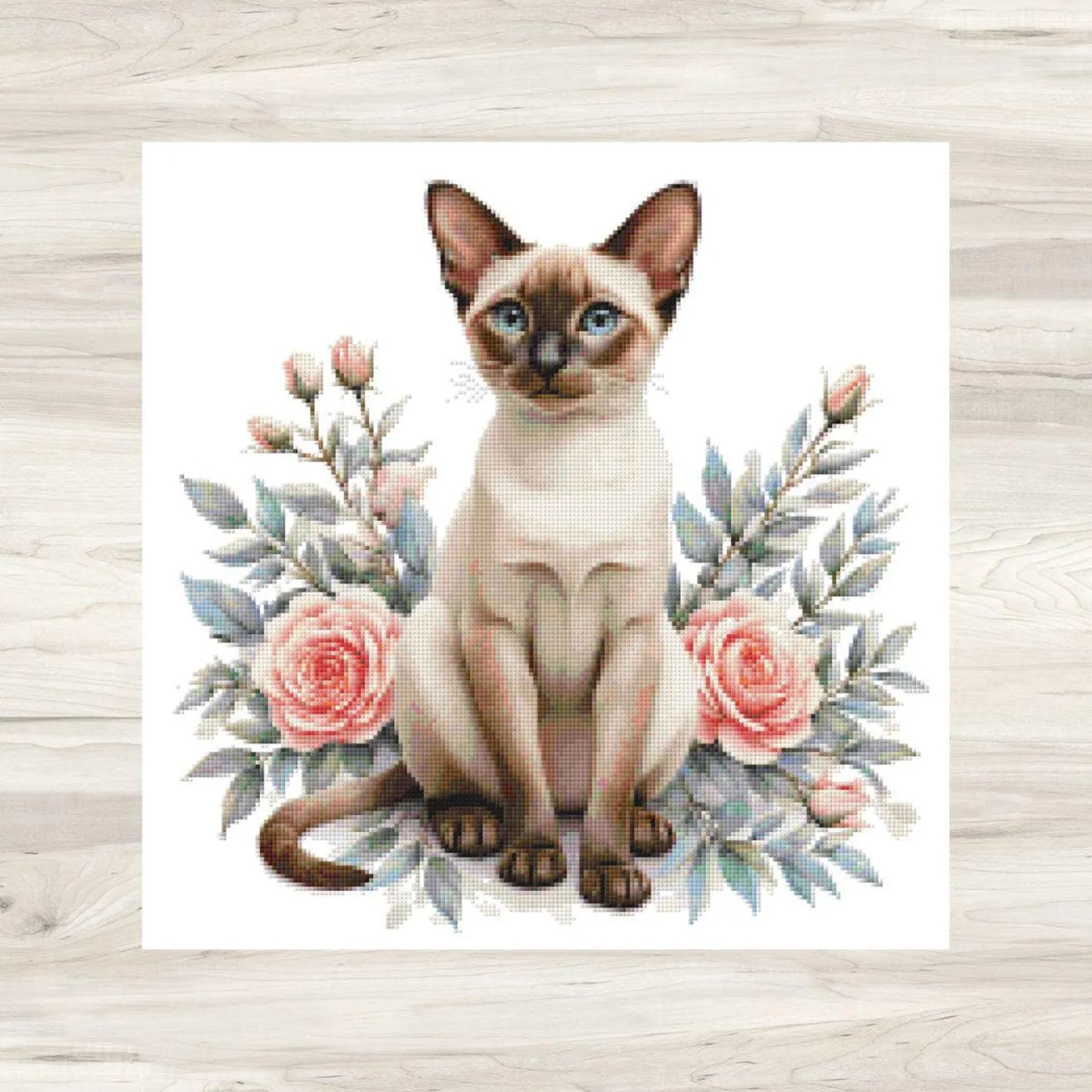 Siamese Cat and Pink Roses Cross Stitch Pattern PDF – Floral Feline Embroidery Chart – Romantic Cat Lover Needlepoint Design
