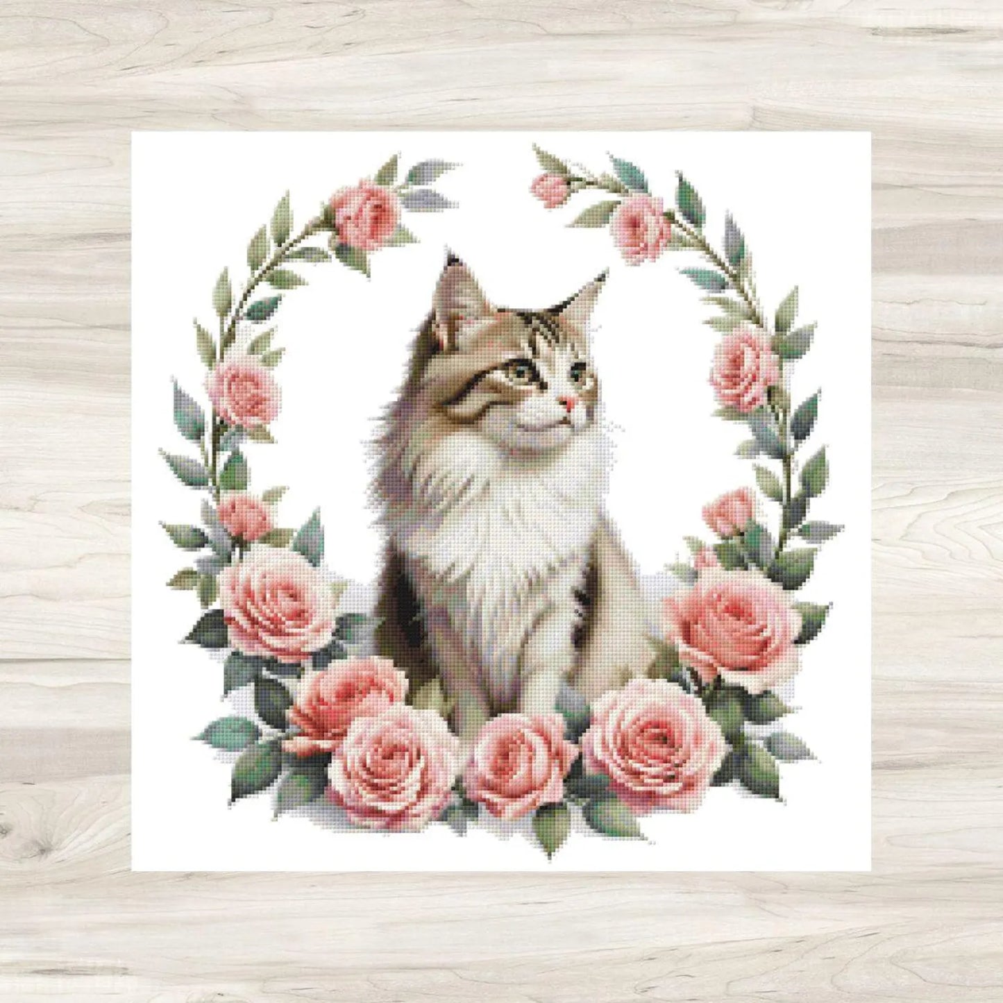 Maine Coon Cat and Pink Roses Cross Stitch Pattern PDF – Floral Feline Embroidery Chart – Romantic Cat Lover Needlepoint Design