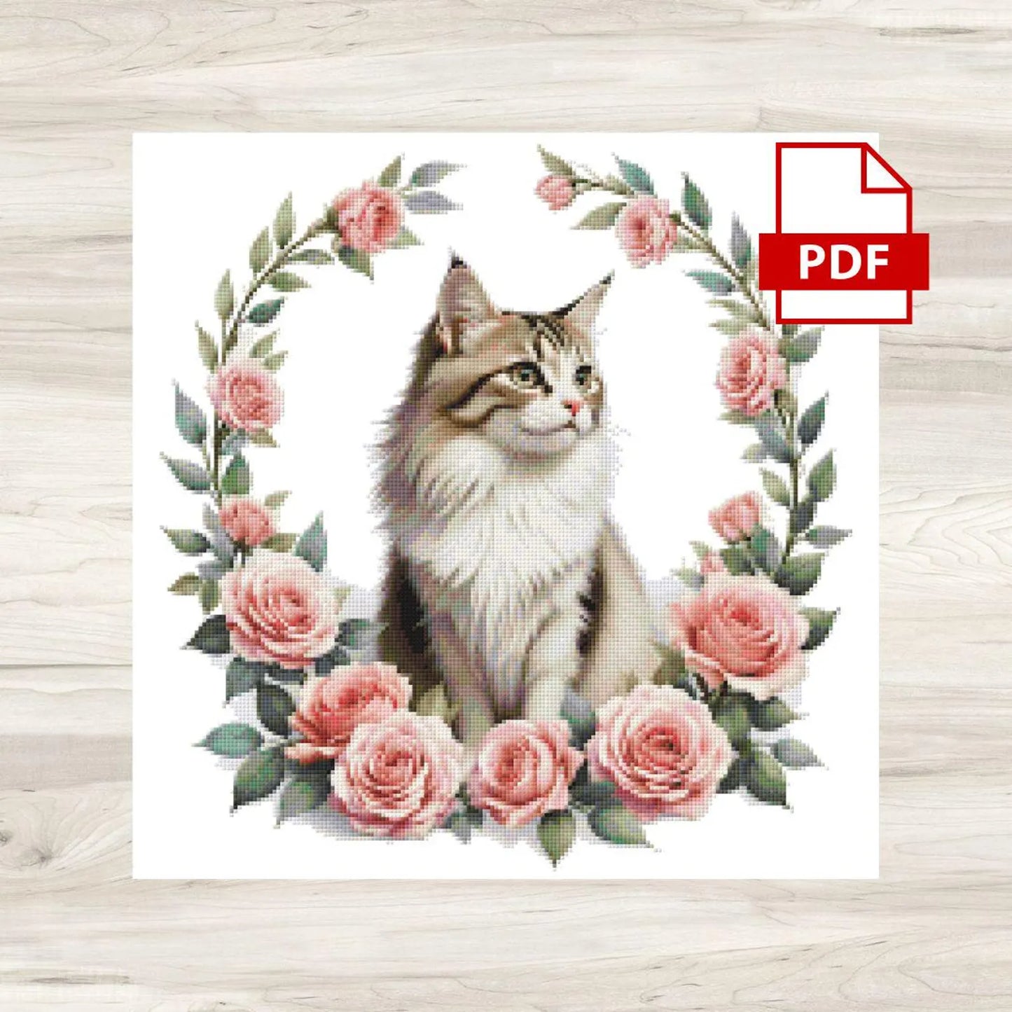 Maine Coon Cat and Pink Roses Cross Stitch Pattern PDF – Floral Feline Embroidery Chart – Romantic Cat Lover Needlepoint Design