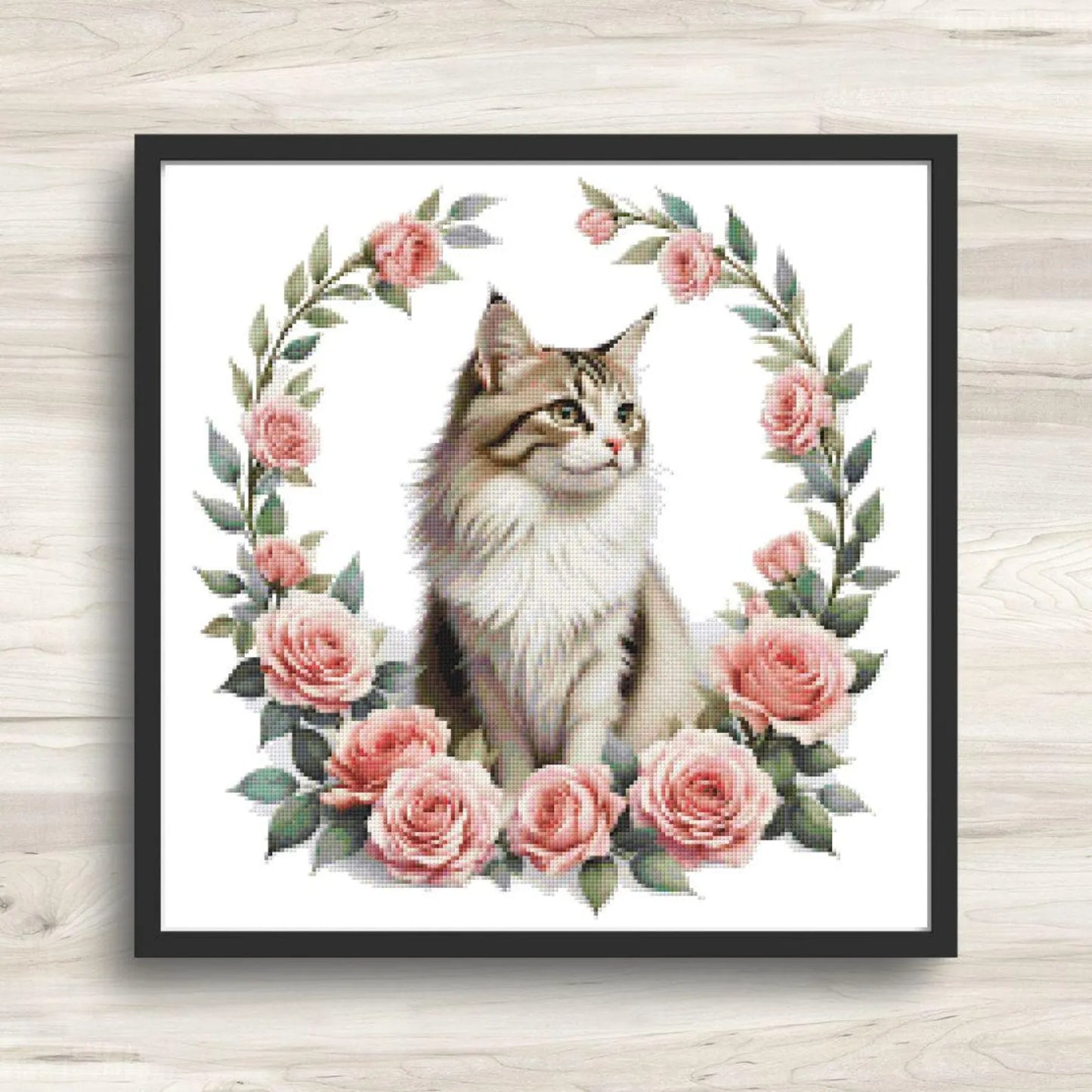 Maine Coon Cat and Pink Roses Cross Stitch Pattern PDF – Floral Feline Embroidery Chart – Romantic Cat Lover Needlepoint Design