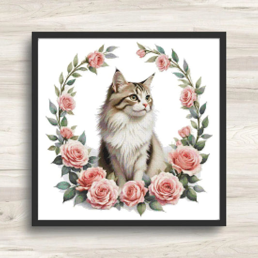 Maine Coon Cat and Pink Roses Cross Stitch Pattern PDF – Floral Feline Embroidery Chart – Romantic Cat Lover Needlepoint Design