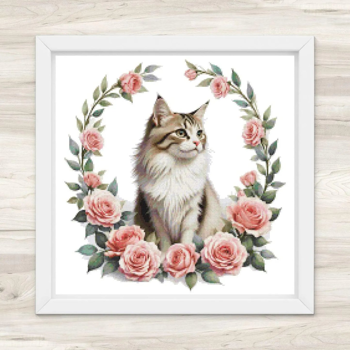 Maine Coon Cat and Pink Roses Cross Stitch Pattern PDF – Floral Feline Embroidery Chart – Romantic Cat Lover Needlepoint Design
