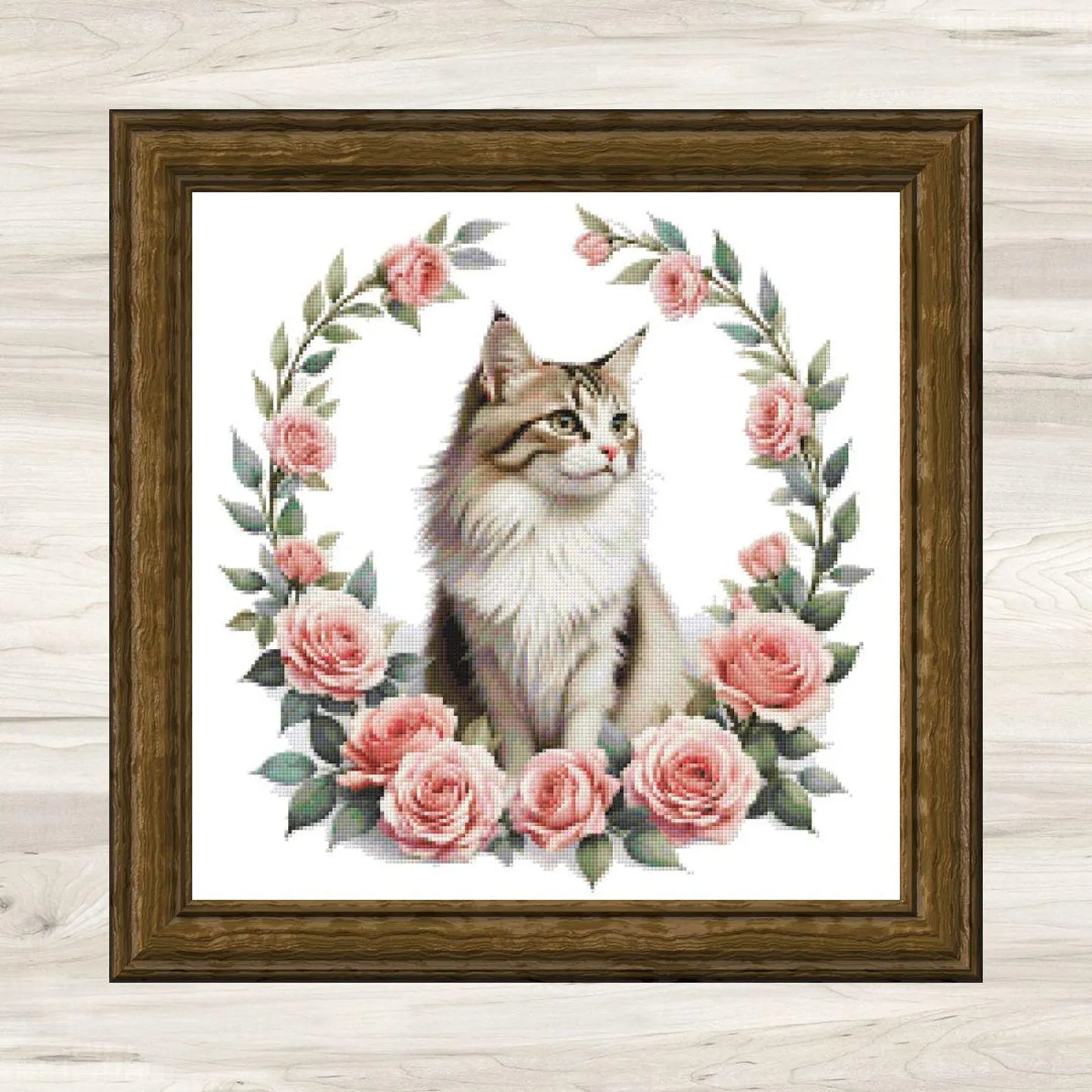 Maine Coon Cat and Pink Roses Cross Stitch Pattern PDF – Floral Feline Embroidery Chart – Romantic Cat Lover Needlepoint Design