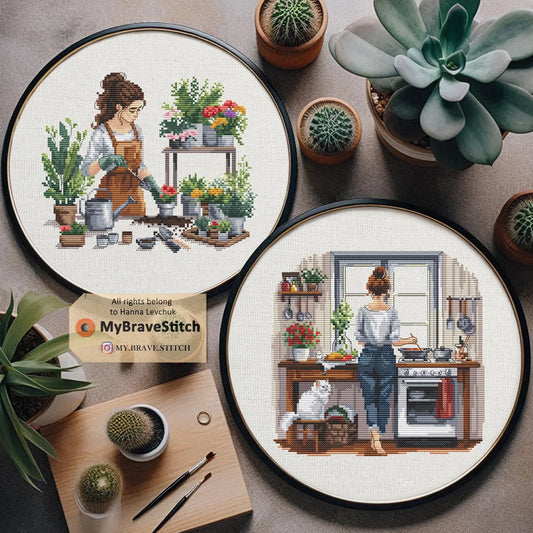 Set of Two Cooking Gardening Girls cross stitch pattern pdf, cat crossstitch pattern, punto de cruz, patrones punto cruz, punto croce schemi
