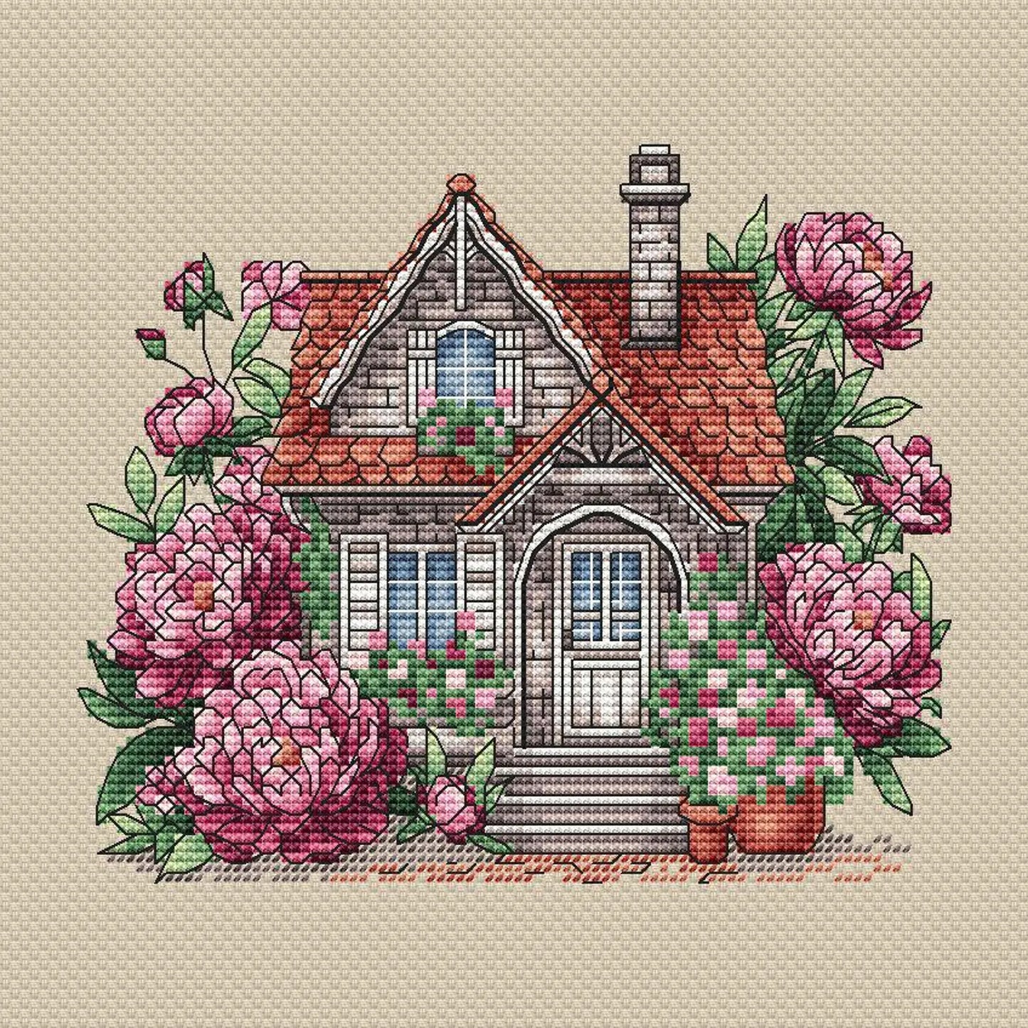 House Cross Stitch Pattern Digital Download, Cute Peonies House Embroidery, House with Peony, Summer Decor, Cozy House Pattern PDF