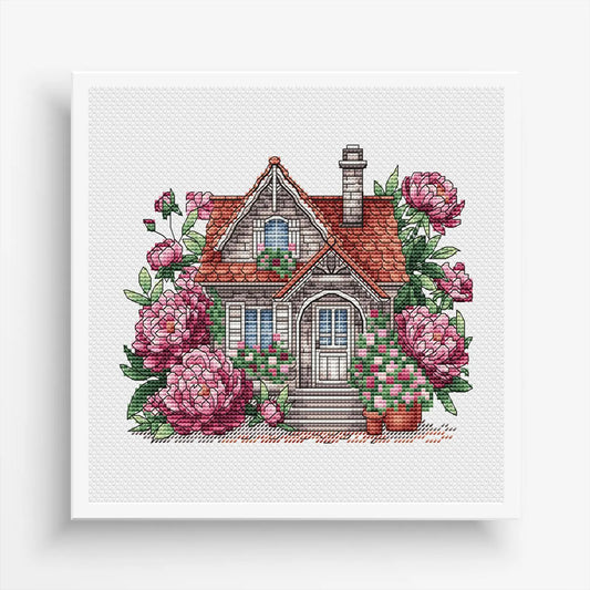 House Cross Stitch Pattern Digital Download, Cute Peonies House Embroidery, House with Peony, Summer Decor, Cozy House Pattern PDF