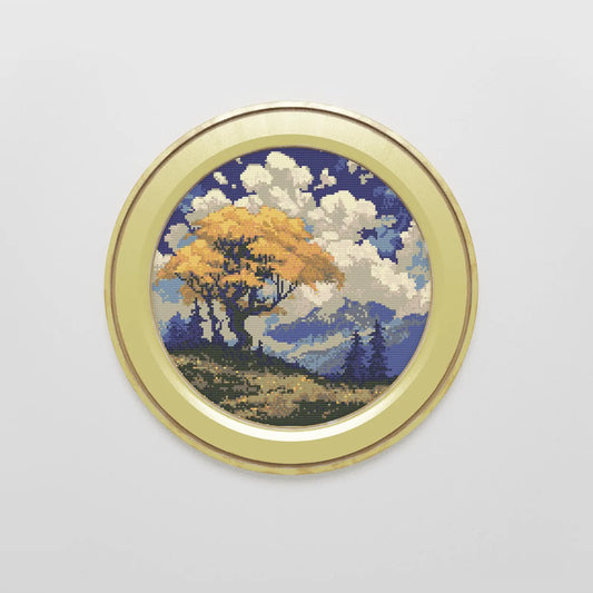 Yellow Tree Mountain Landscape Cross Stitch Pattern | Landscape Cross Stitch Chart Download | Nature Cross Stitch | Modern Cross Stitch