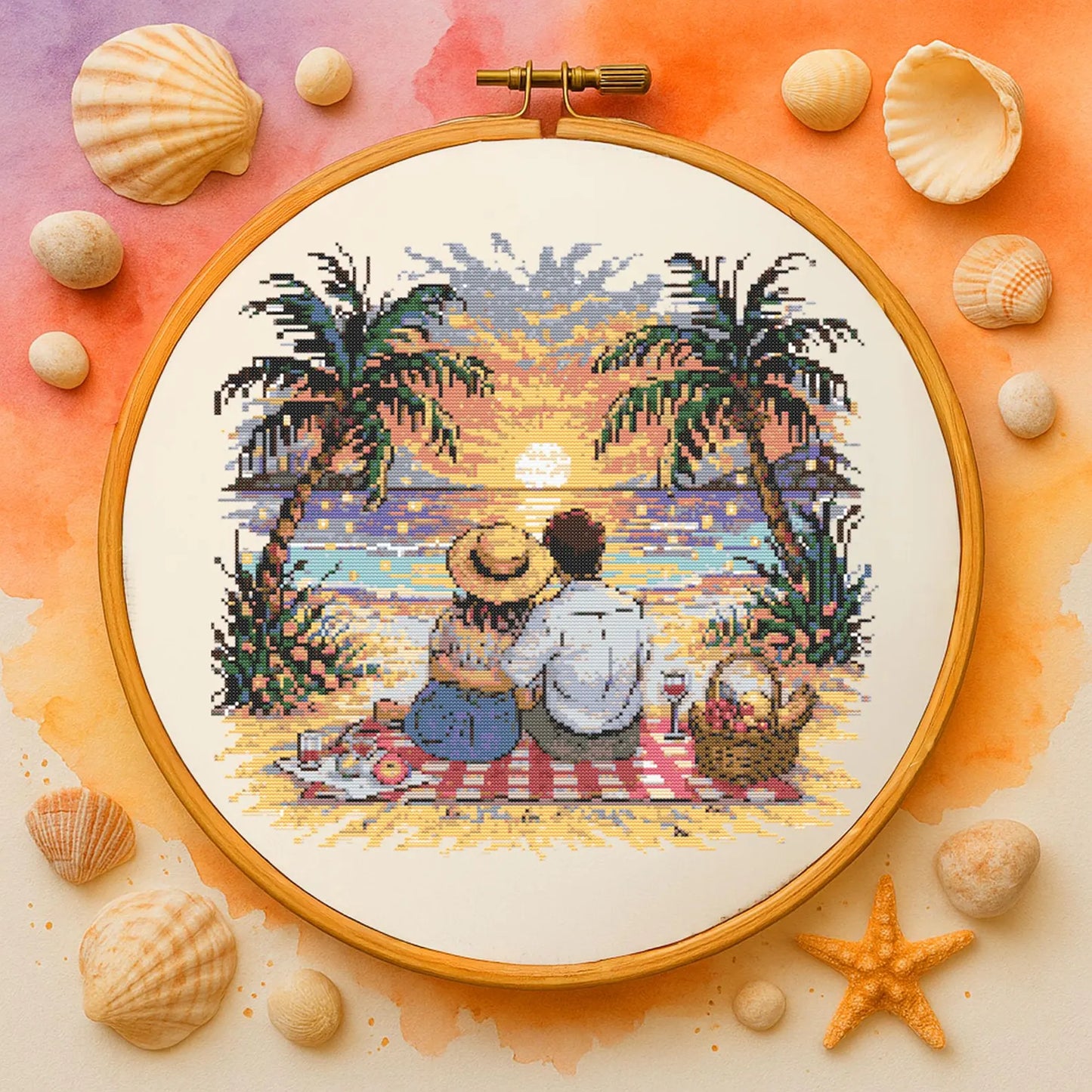 Romantic Couple at Sunset Beach Cross Stitch Pattern Peaceful Sunset Beach Date Embroidery Summer Romantic Vacation Cross Stitch Lovers