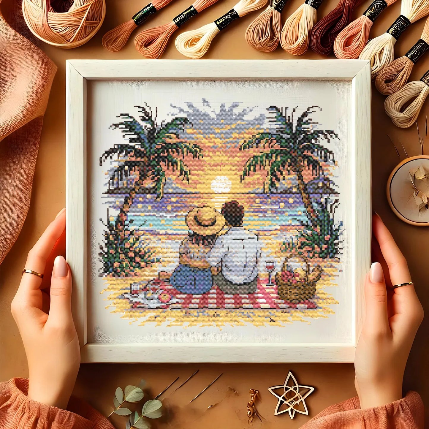 Romantic Couple at Sunset Beach Cross Stitch Pattern Peaceful Sunset Beach Date Embroidery Summer Romantic Vacation Cross Stitch Lovers