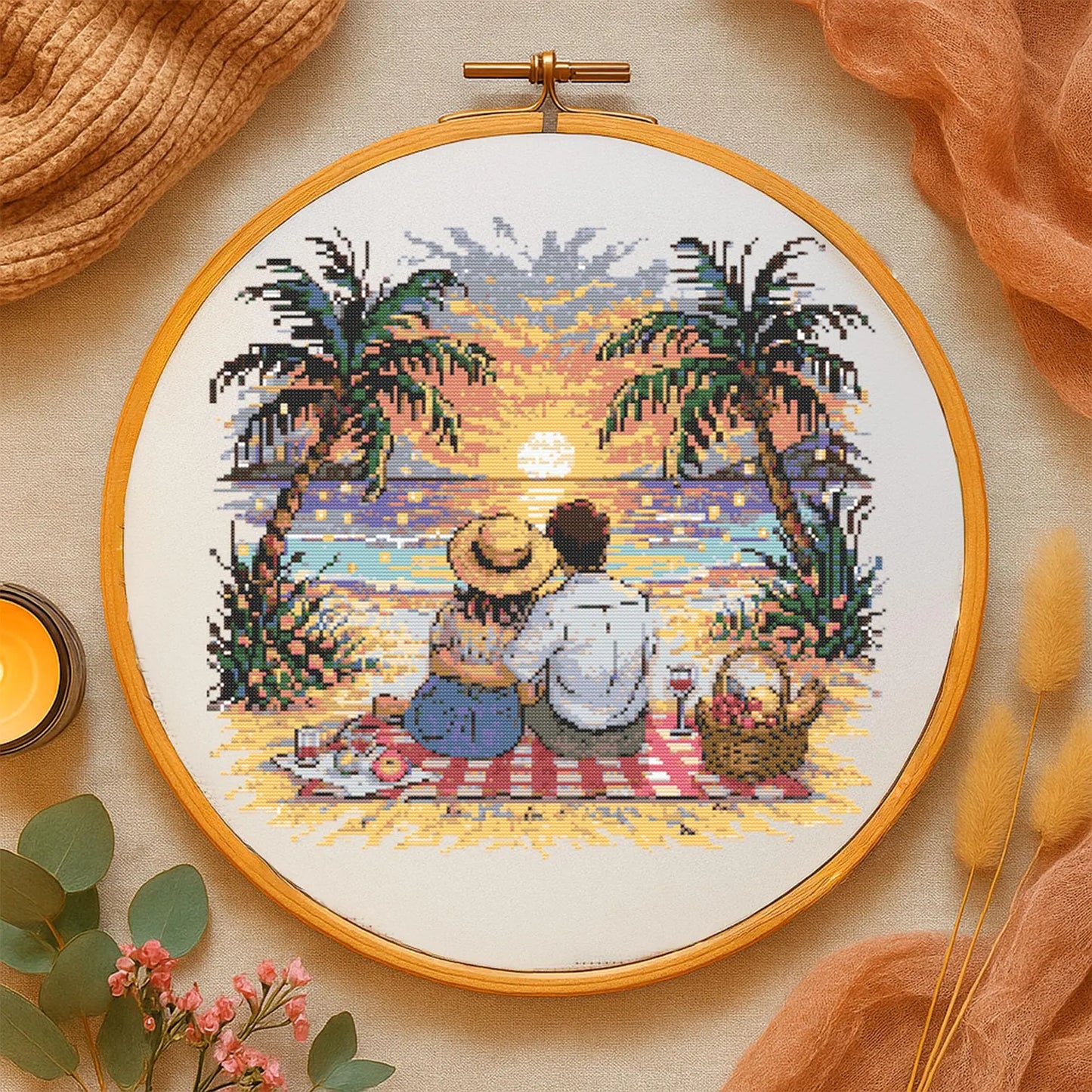 Romantic Couple at Sunset Beach Cross Stitch Pattern Peaceful Sunset Beach Date Embroidery Summer Romantic Vacation Cross Stitch Lovers