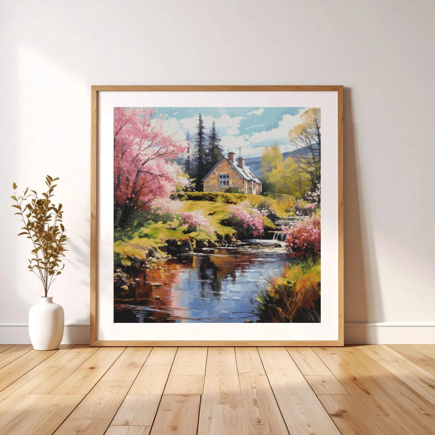 Cross Stitch Pattern PDF Spring landscape, farmhouse, river, landscape cross stitch pattern, dmc, cross stitch design, counted cross stitch