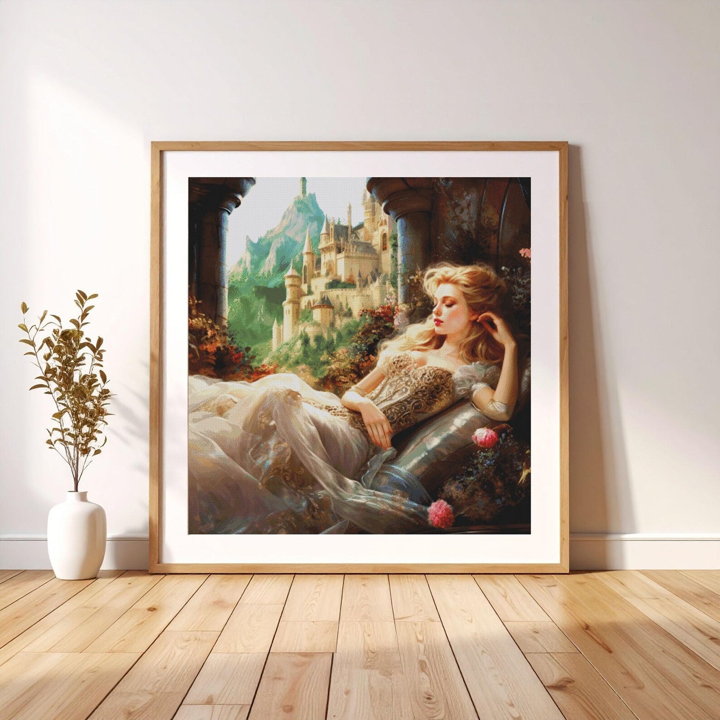 Cross Stitch Pattern PDF Sleeping Beauty, instant download, fantasy castle, fairy tale, full coverage, magical, princess, dmc, embroidery
