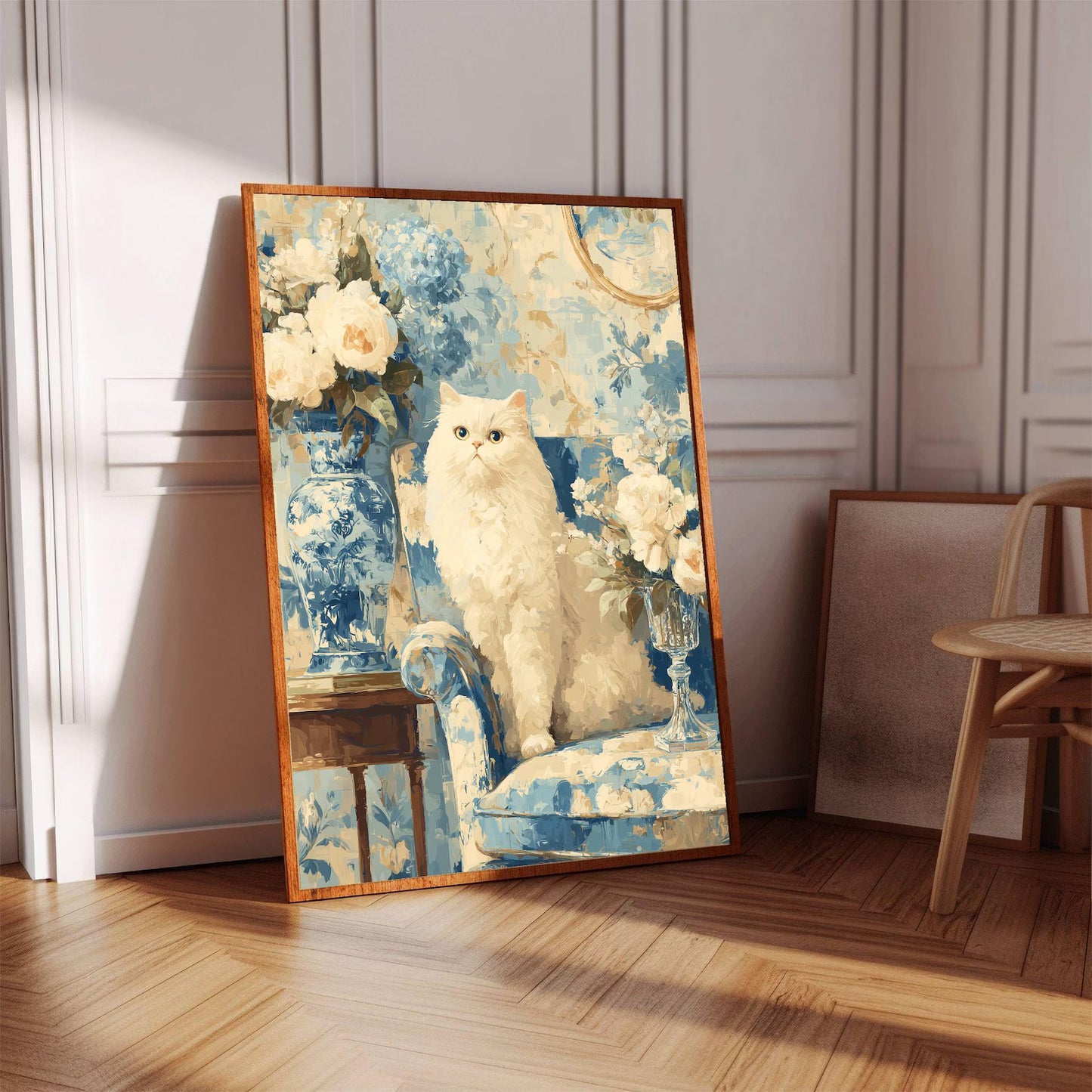 Elegant White Cat Floral Art Print | Digital Download | Cat Lovers Wall Art | Floral Decor Gift | Modern Home Decoration | White Cat Art