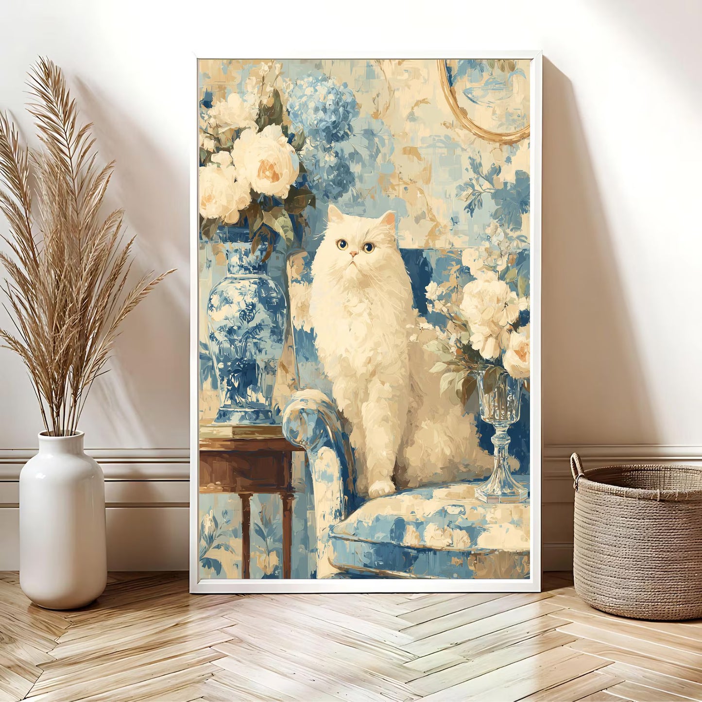 Elegant White Cat Floral Art Print | Digital Download | Cat Lovers Wall Art | Floral Decor Gift | Modern Home Decoration | White Cat Art