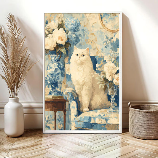 Elegant White Cat Floral Art Print | Digital Download | Cat Lovers Wall Art | Floral Decor Gift | Modern Home Decoration | White Cat Art