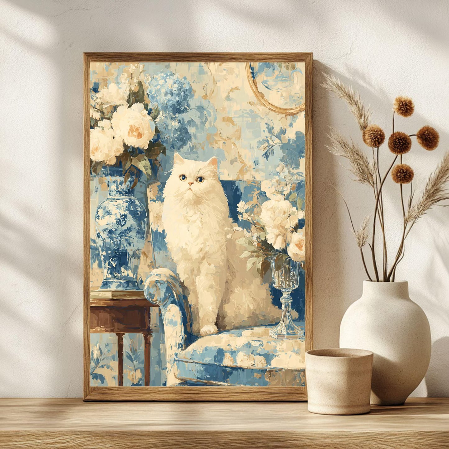Elegant White Cat Floral Art Print | Digital Download | Cat Lovers Wall Art | Floral Decor Gift | Modern Home Decoration | White Cat Art