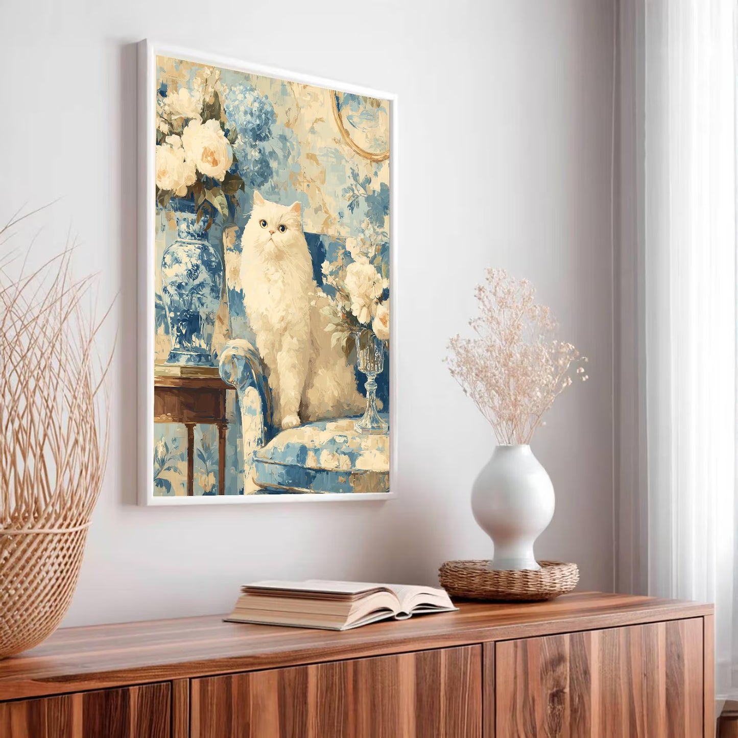 Elegant White Cat Floral Art Print | Digital Download | Cat Lovers Wall Art | Floral Decor Gift | Modern Home Decoration | White Cat Art