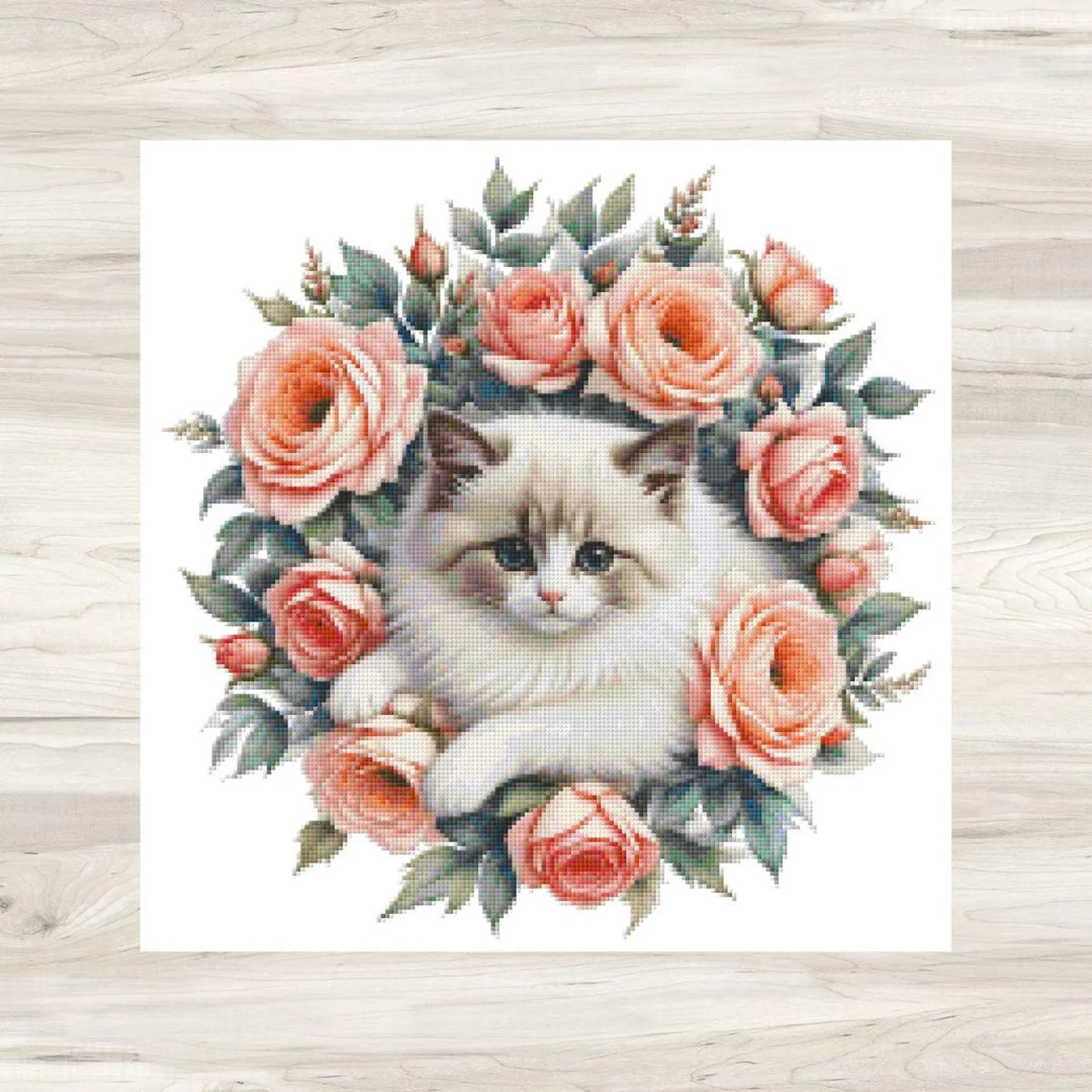 Persian Cat and Pink Roses Cross Stitch Pattern PDF – Floral Feline Embroidery Chart – Romantic Cat Lover Design