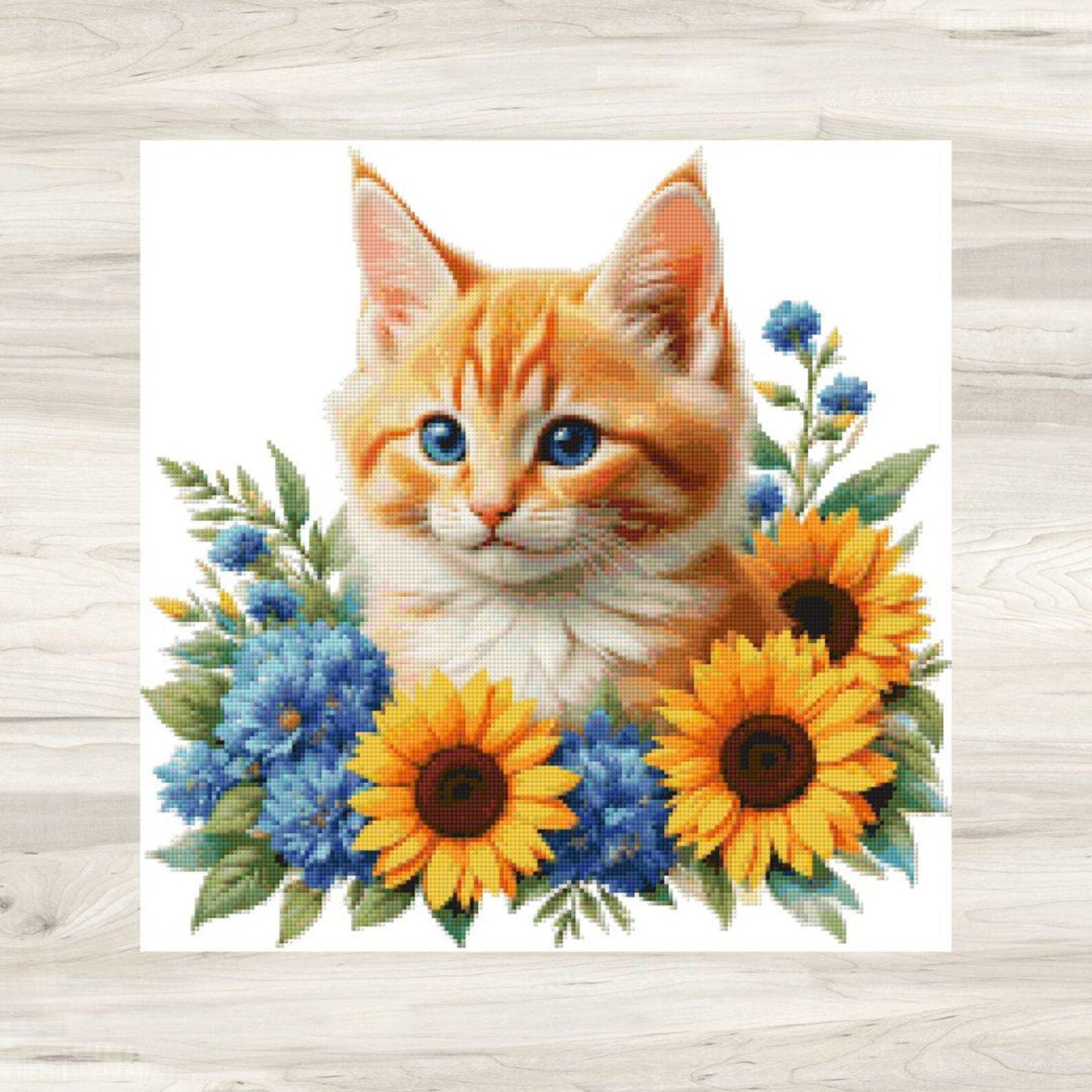 Tiger Cat and Sunflowers Cross Stitch Pattern PDF – Floral Feline Embroidery Chart – Romantic Cat Lover Needlepoint Design