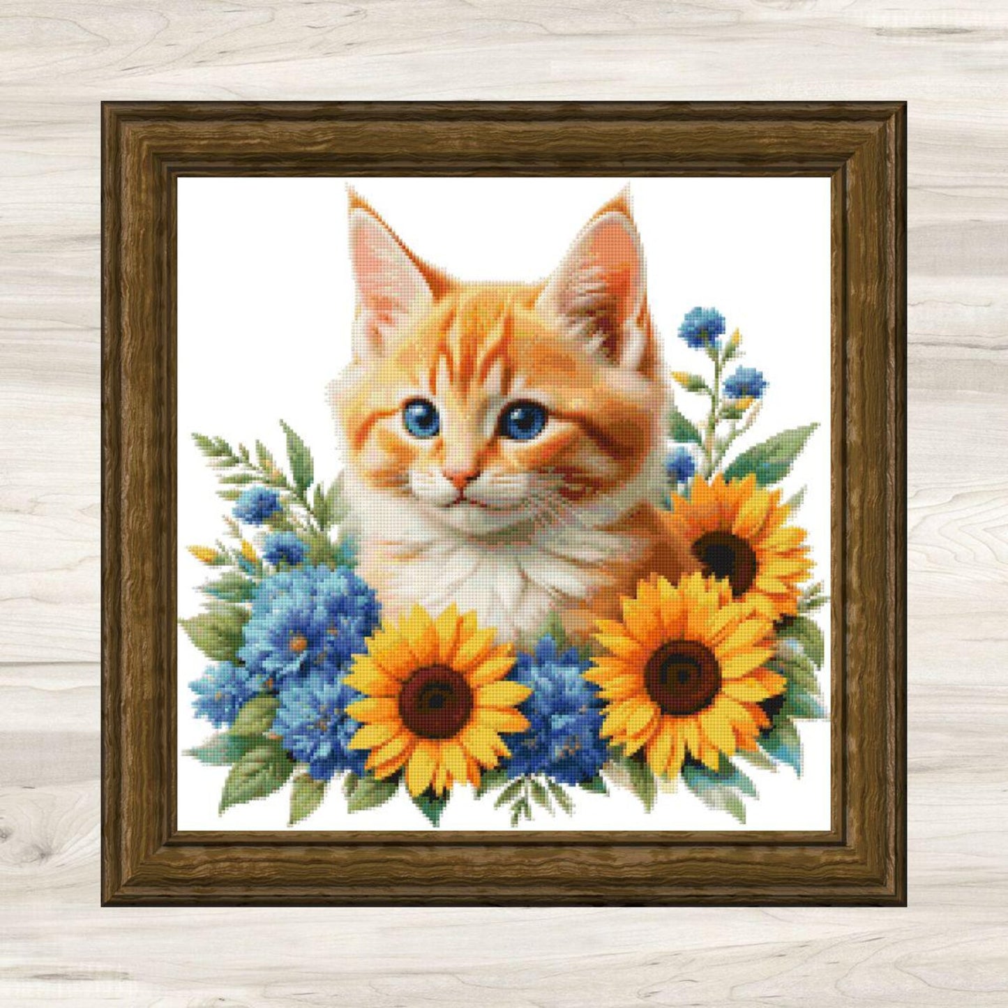 Tiger Cat and Sunflowers Cross Stitch Pattern PDF – Floral Feline Embroidery Chart – Romantic Cat Lover Needlepoint Design