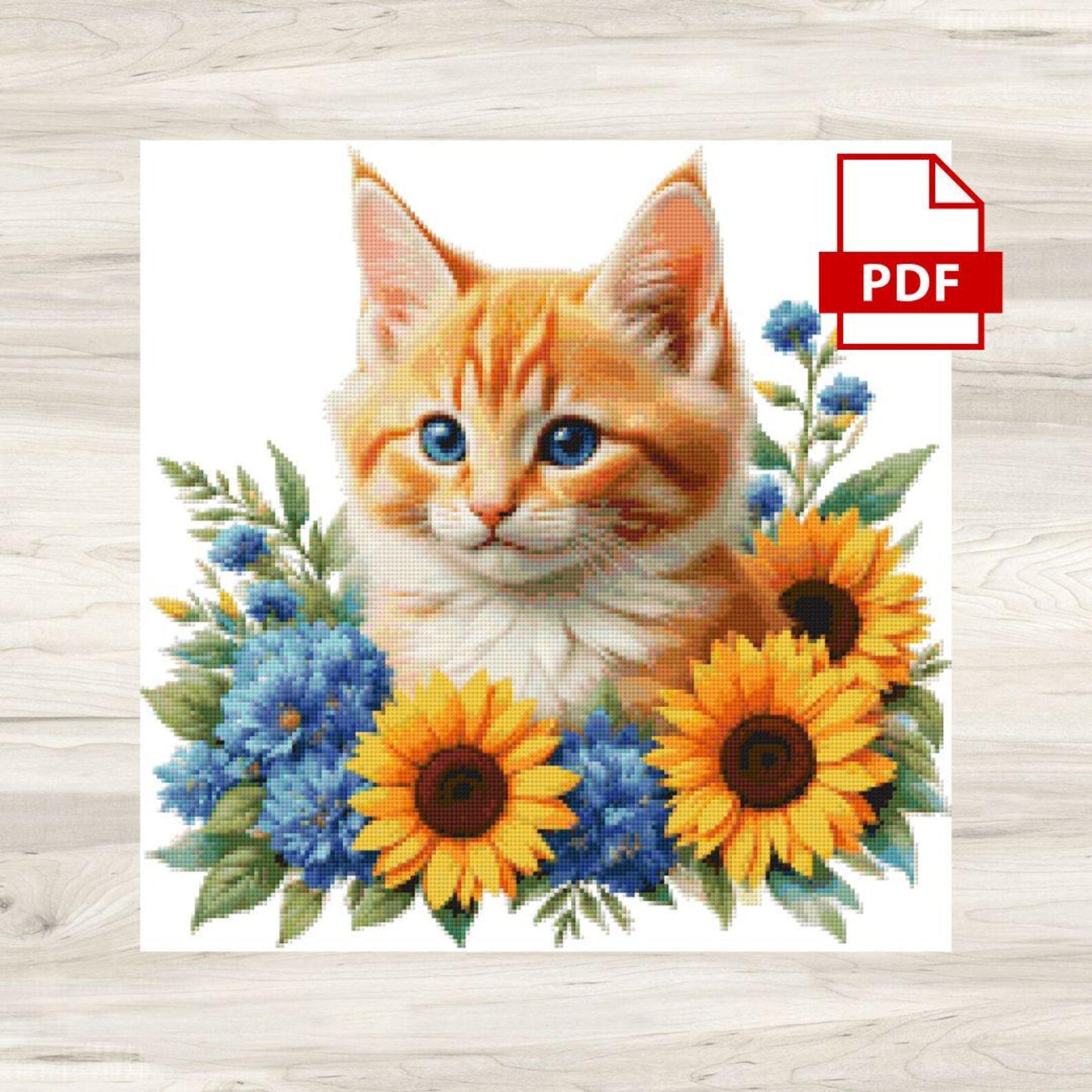 Tiger Cat and Sunflowers Cross Stitch Pattern PDF – Floral Feline Embroidery Chart – Romantic Cat Lover Needlepoint Design