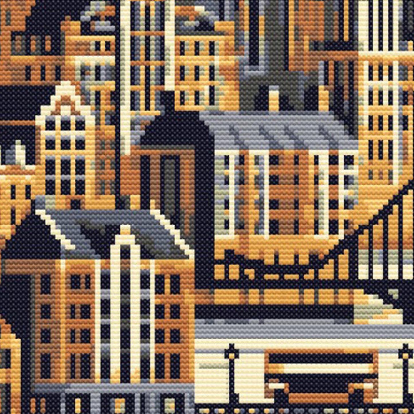 Geometric London Cross Stitch Pattern - Modern Village Architecture Embroidery Design, Big Ben, Tower Bridge & London Eye, Digital Download.