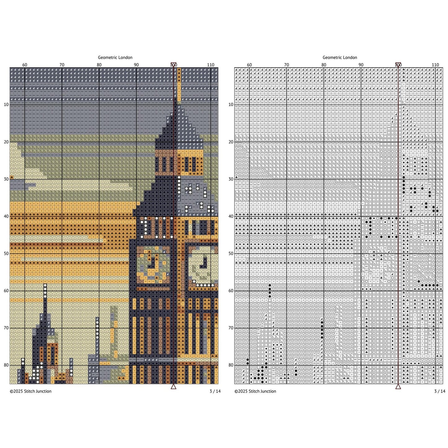 Geometric London Cross Stitch Pattern - Modern Village Architecture Embroidery Design, Big Ben, Tower Bridge & London Eye, Digital Download.
