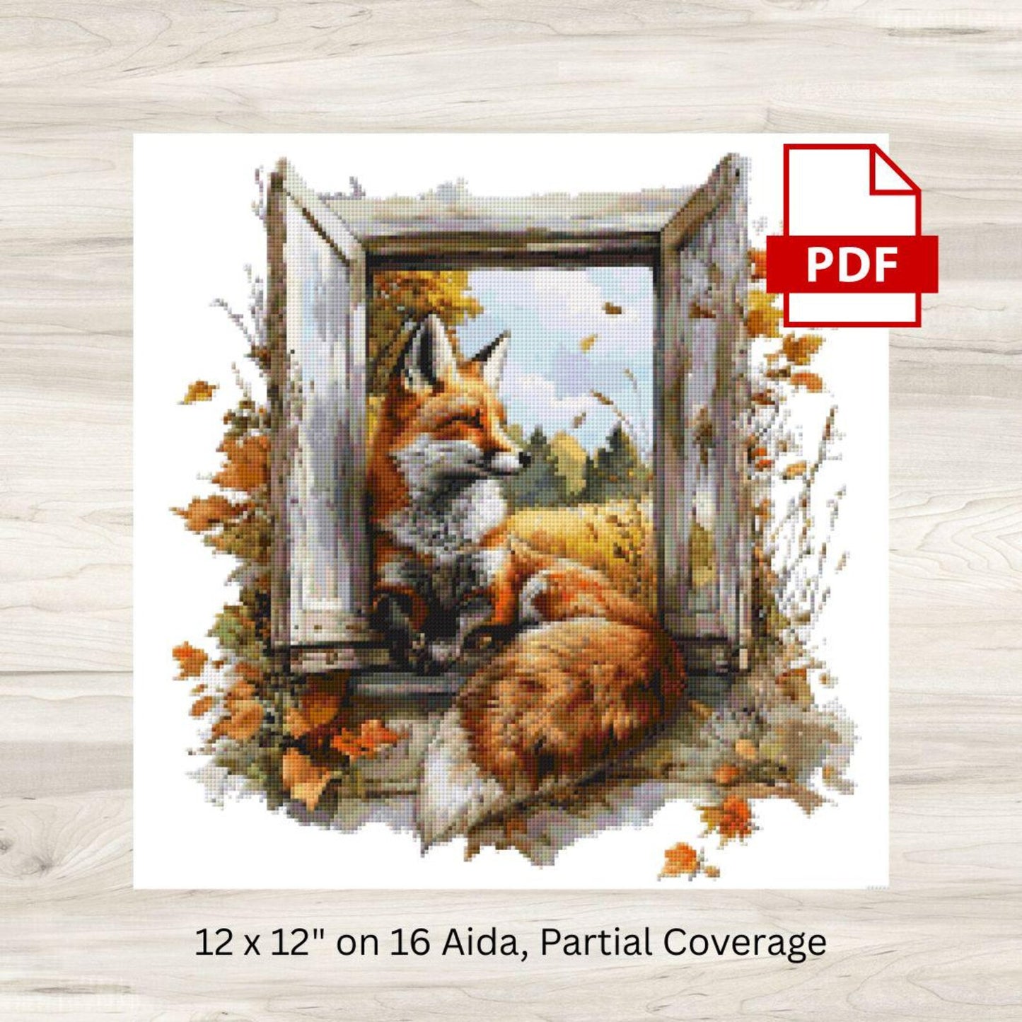 Cross Stitch Pattern: Farm Window Fox in Autumn - PDF Instant Download