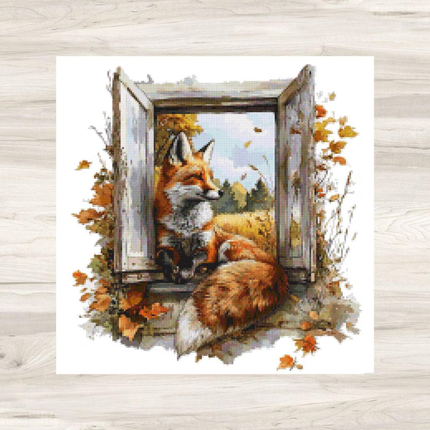 Cross Stitch Pattern: Farm Window Fox in Autumn - PDF Instant Download