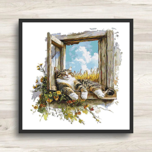 Cross Stitch Pattern: Farm Window Cat - PDF Instant Download