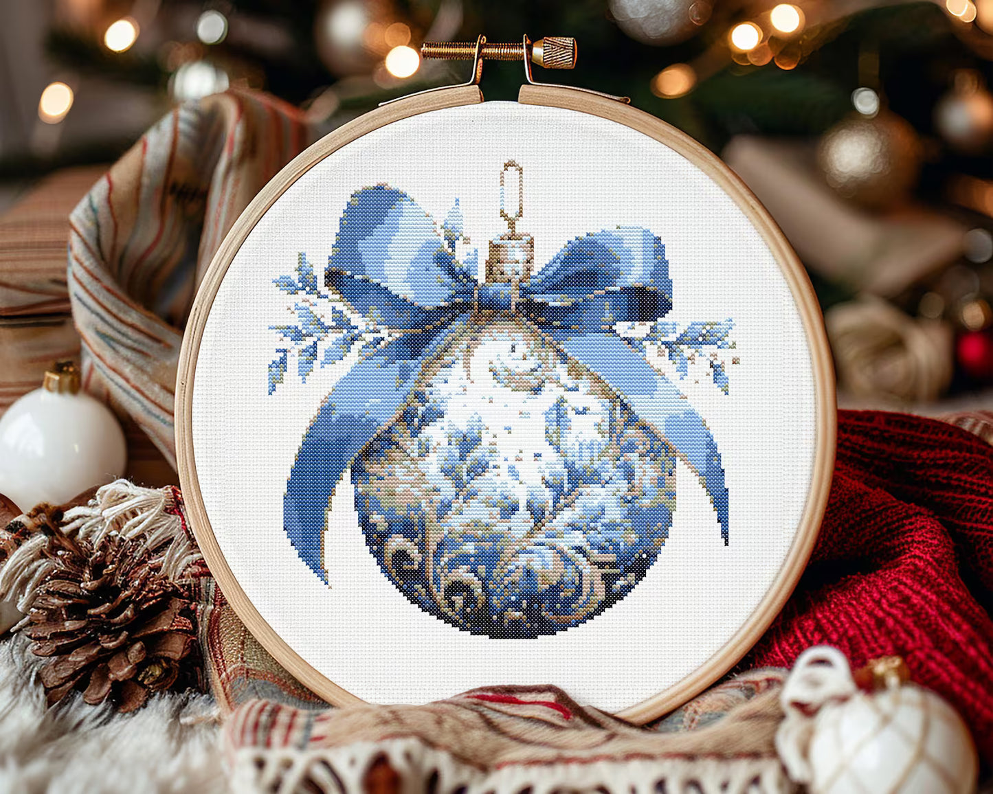 Blue Gold Bauble Cross Stitch Pattern | PDF Guide | Digital Download | Christmas Cross Stitch Wall Art | Intermediate Cross Stitch