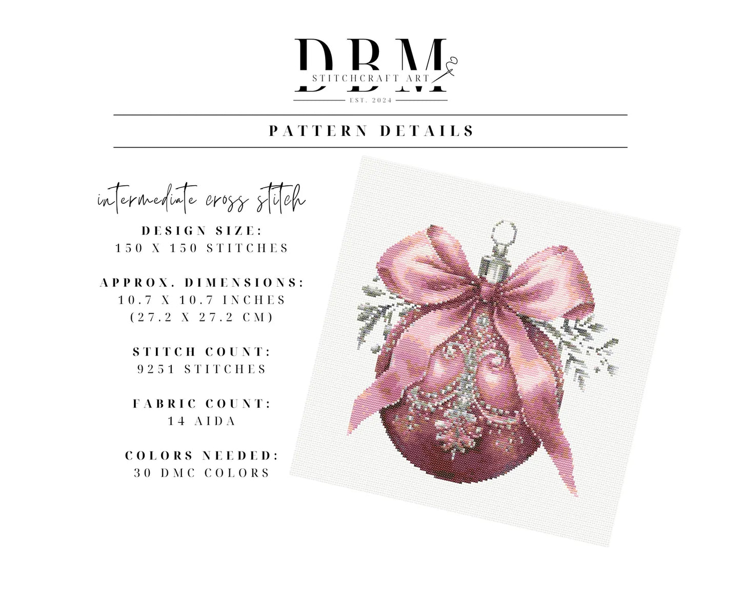 Pink Silver Bauble Cross Stitch Pattern | PDF Guide | Digital Download | Christmas Cross Stitch Wall Art | Intermediate Cross Stitch