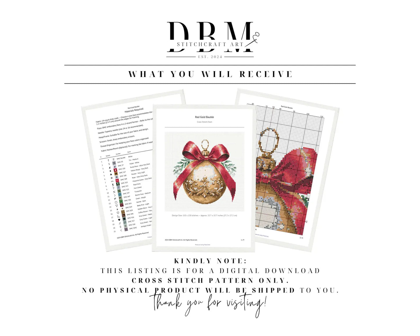 Red Gold Bauble Cross Stitch Pattern | PDF Guide | Digital Download | Christmas Cross Stitch Wall Art | Intermediate Cross Stitch