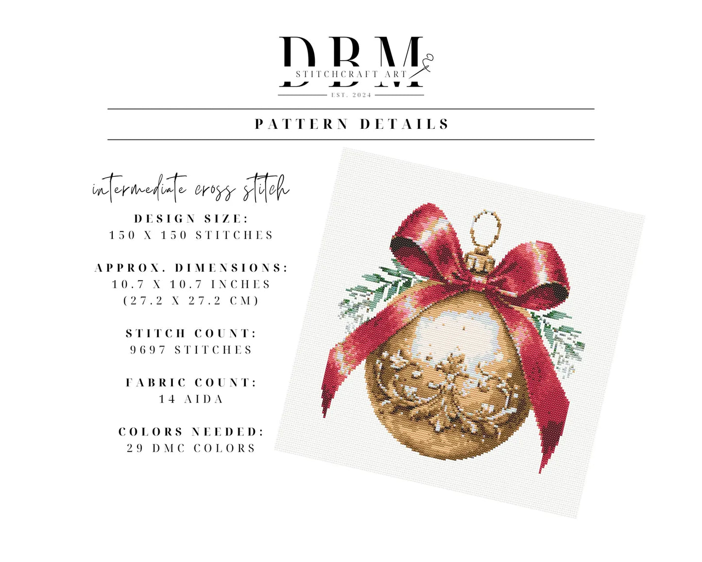 Red Gold Bauble Cross Stitch Pattern | PDF Guide | Digital Download | Christmas Cross Stitch Wall Art | Intermediate Cross Stitch
