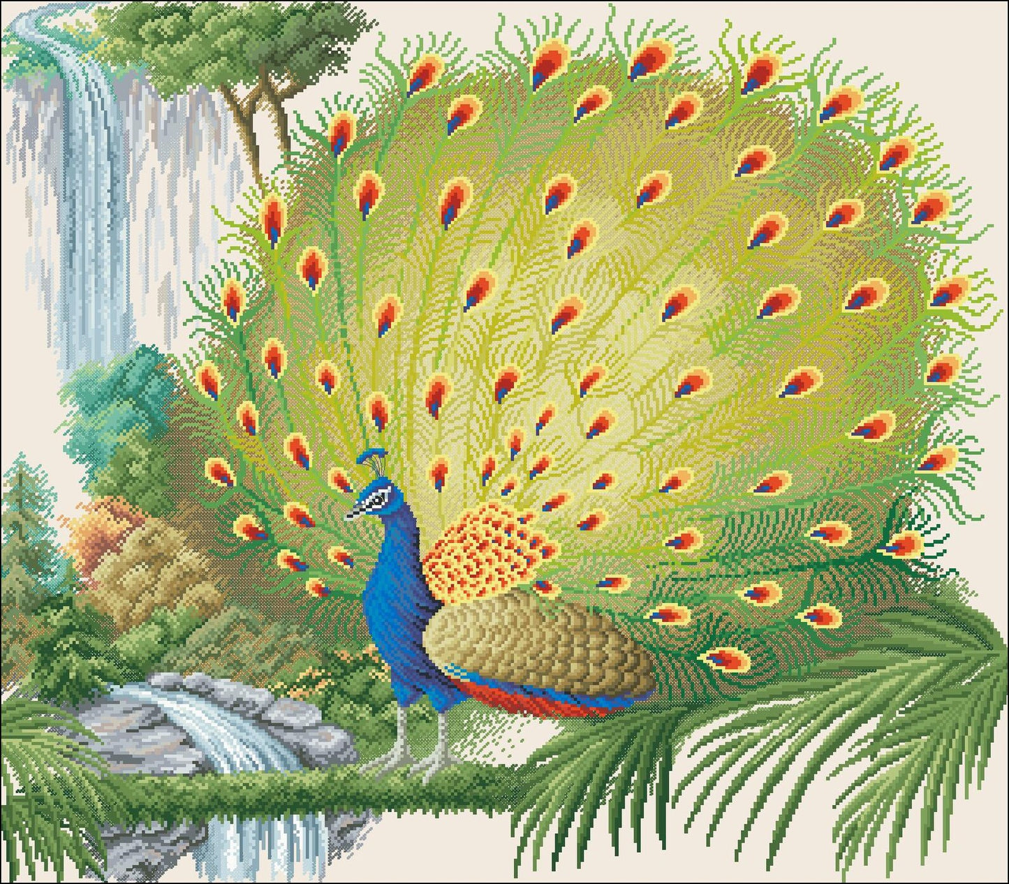 Cross stitch pattern Peacock, bird cross stitch, nature embroidery, vintage cross stitch, digital PDF file, printable cross stitch,waterfall