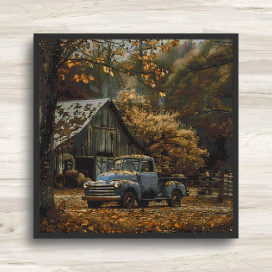 Cross Stitch Pattern: Autumn Barn and Truck Rural Americana Motif 6 - PDF Instant Download