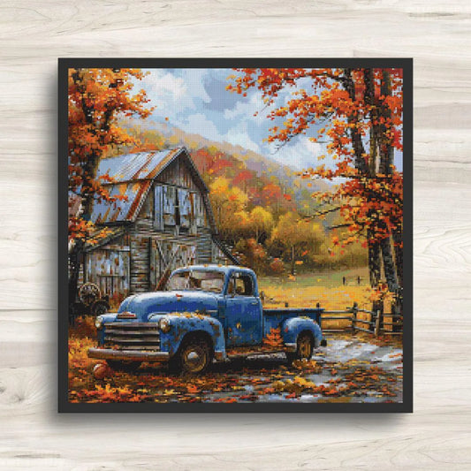 Cross Stitch Pattern: Autumn Barn and Truck Rural Americana Motif 7 - PDF Instant Download